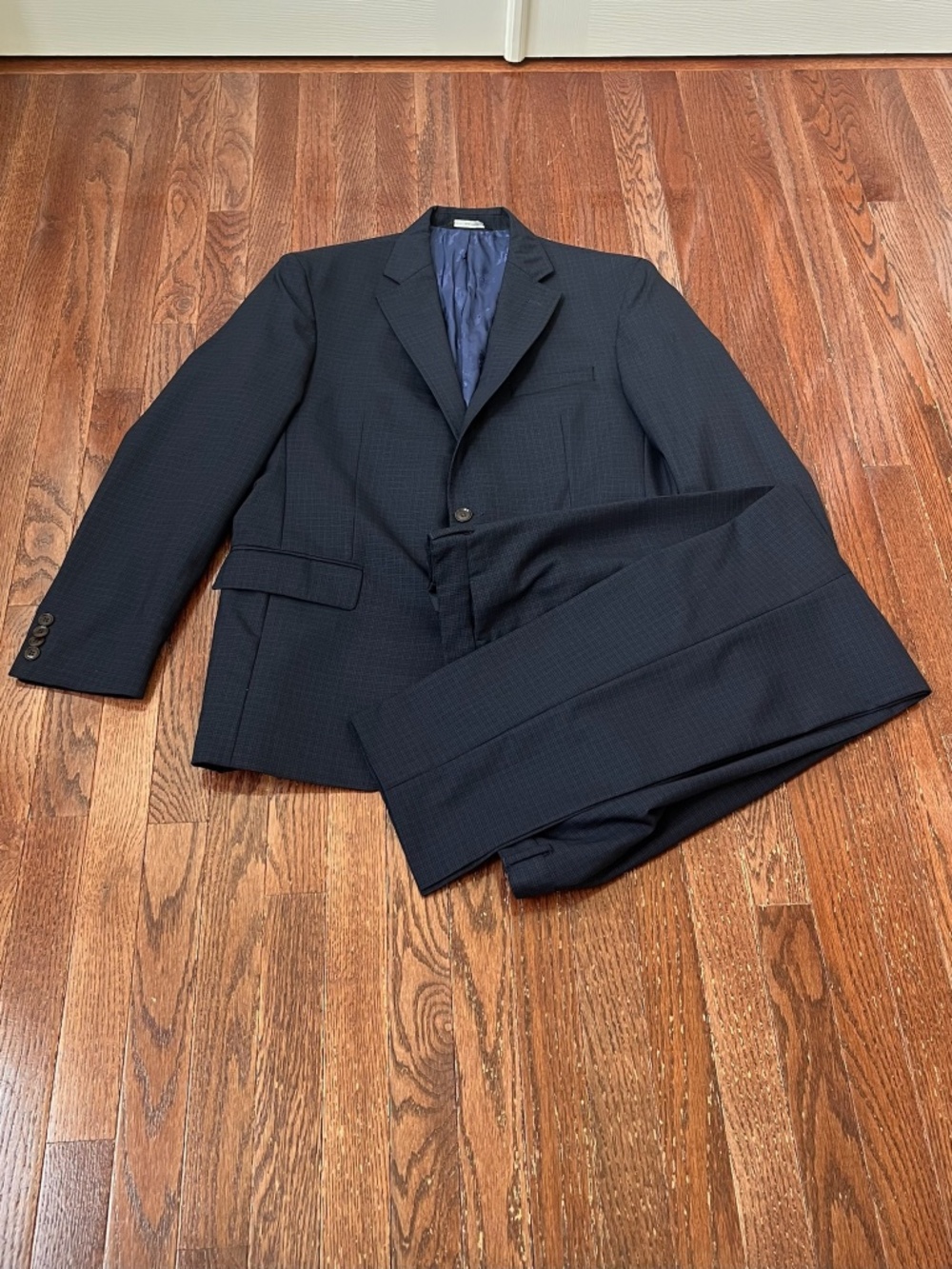Ted Baker Navy Blue and Black Plaid Mens Two Piece Wool Suit, Size 44R